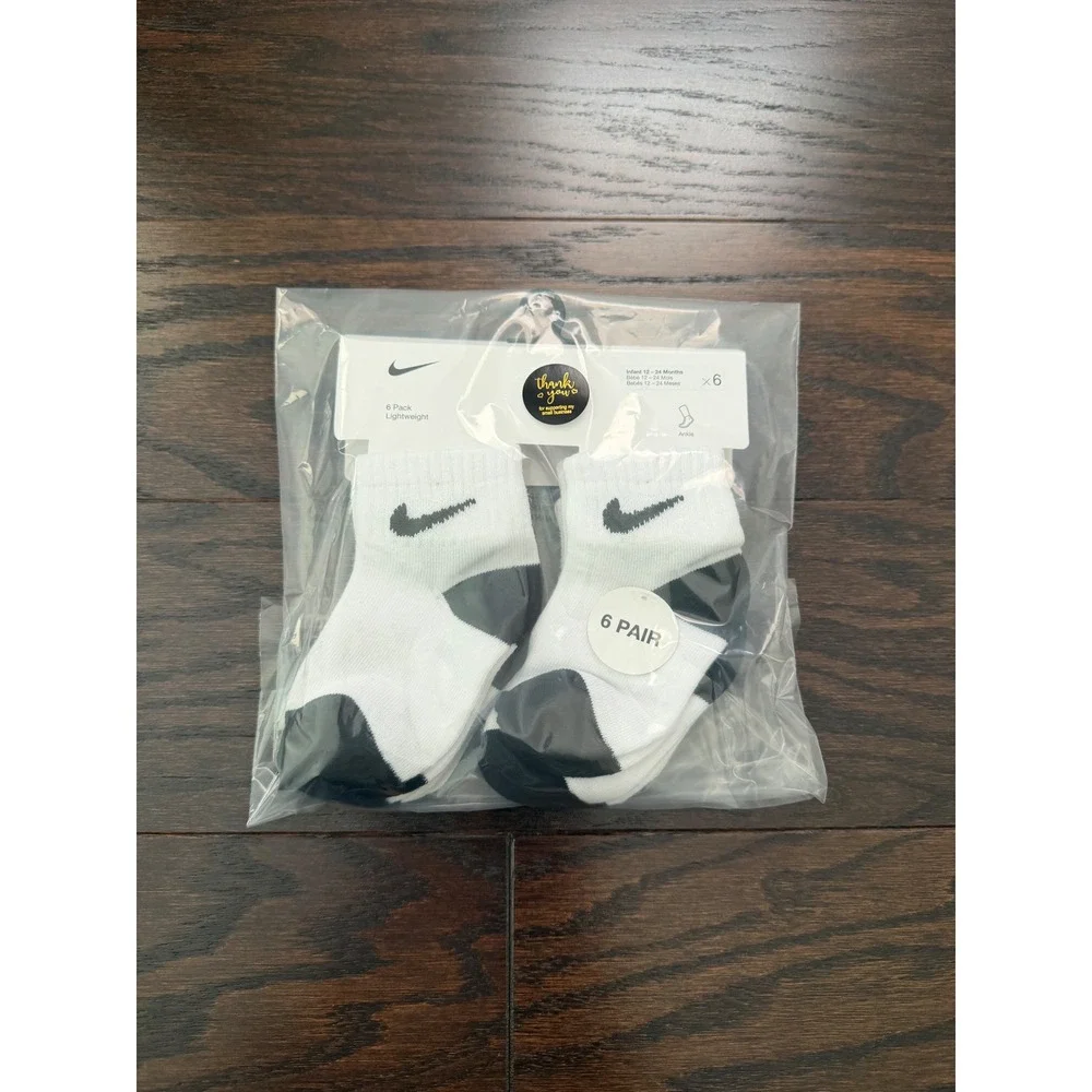 Nike Infant 6-Pack Lightweight Ankle Socks White Black NN0299-001 12-24 Months